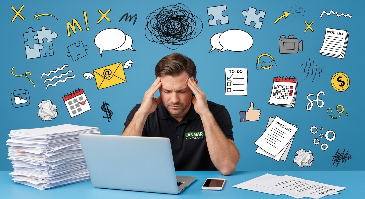 Stressed landscape business owner buried in paperwork, representing disorganized operations.